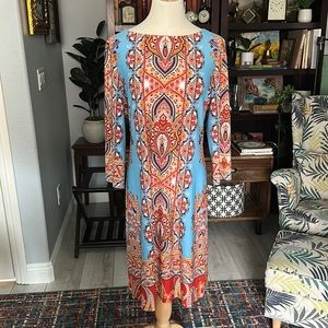 London Times 12 Bohemian Indian Style Sheath Dress Turquoise Orange Sleeves